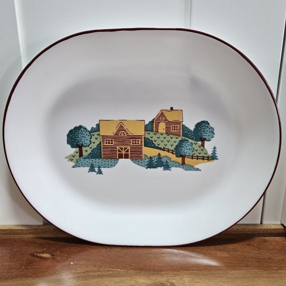Corelle Corning Landscape Oval Serving Platter 12" red rim logcabin trees feilds